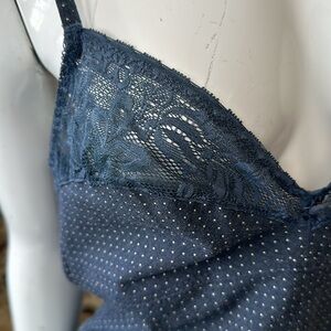 Blue grey cotton polka dot Camisole Mini dress Spaghetti straps Vintage French